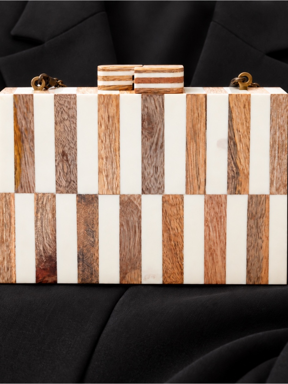 Wood & Ivory-Tone Mosaic Box Clutch Purse 46” Chain Strap